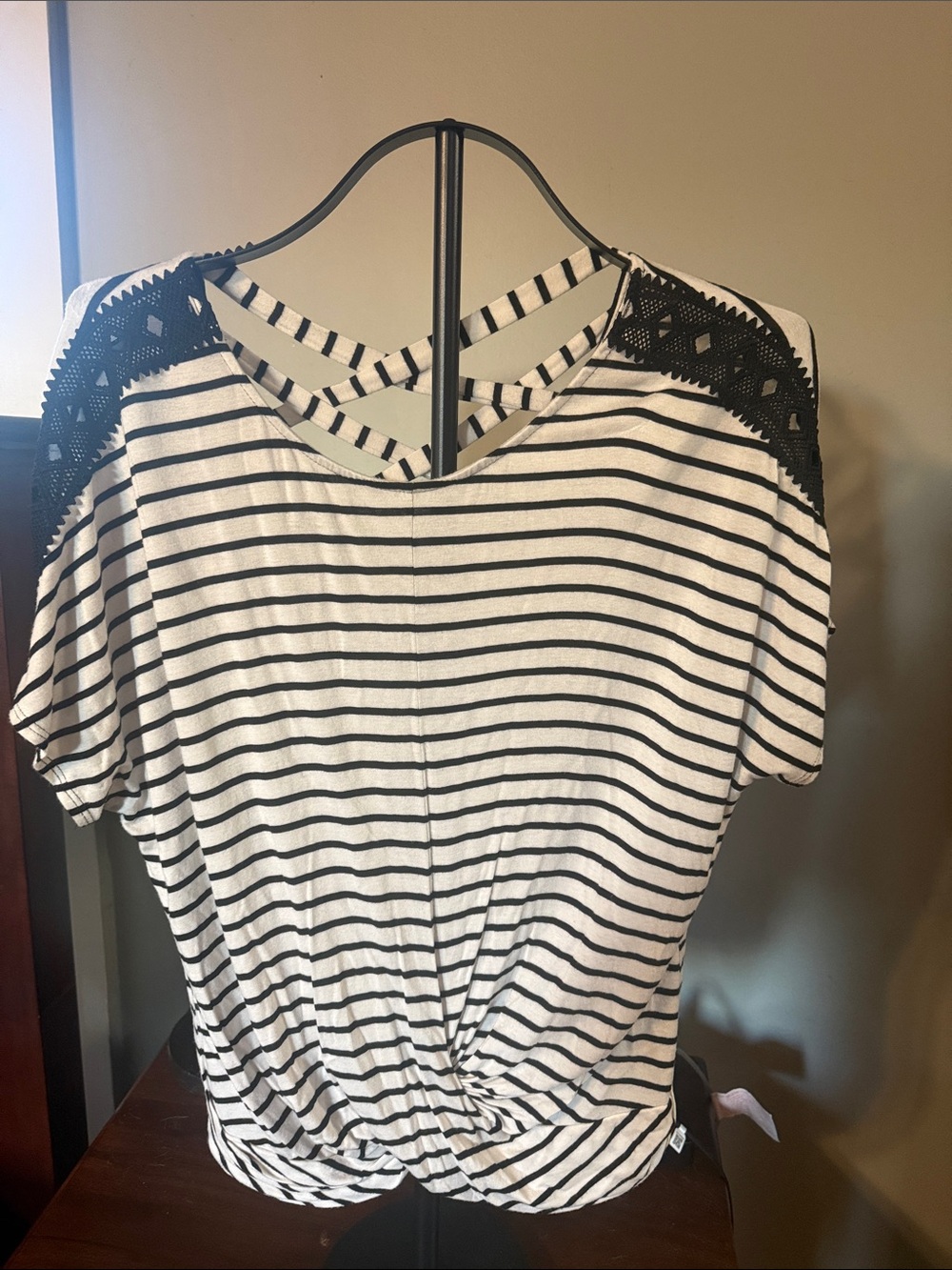 Iz Byer Black & White Striped Knot-Front Tee with Lace Shoulders